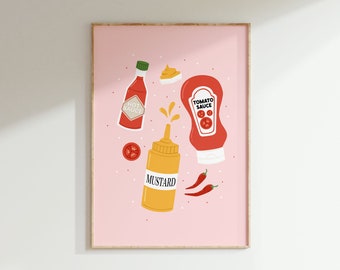 Impression de condiments//affiche d'art murale colorée d'impression de cuisine, impressions murales illustrées, cadeau pour amateur de cuisine/art du ketchup//A2 A3 A4 A5 8 x 10 5 x 7 4 x 6