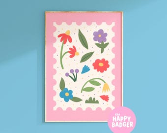 Flower Illustration Print | Pink Wall Art | Colourful Bedroom Decor