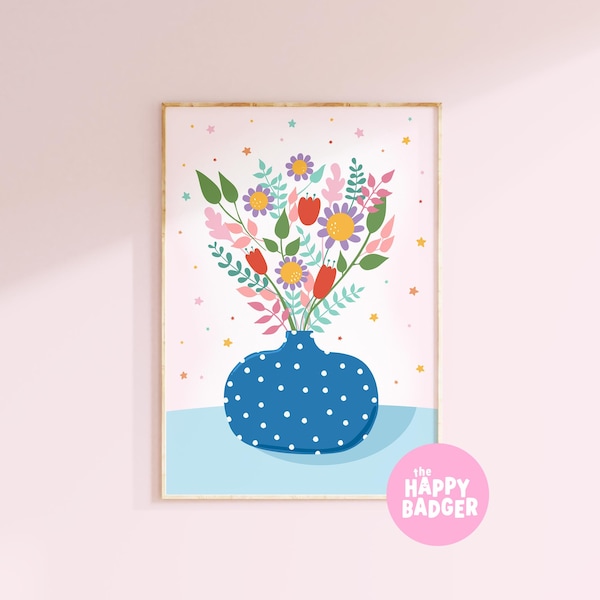 Vaas met bloemen print//keuken muurkunst kleurrijke bloem illustratie blauw woondecoratie heldere muur prints//A3 A4 A5 8 x 10 5 x 7 4 x 6
