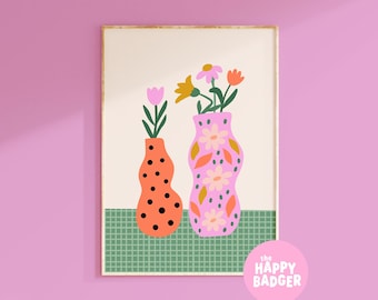 Vibrant Vases Print | Bright floral illustration poster, Colourful prints for living room, Maximalist wall art | A3 A4 A5 8x10 5x7 4x6