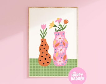 Vibrant Vases Print | Bright floral illustration poster, Colourful prints for living room, Maximalist wall art | A3 A4 A5 8x10 5x7 4x6