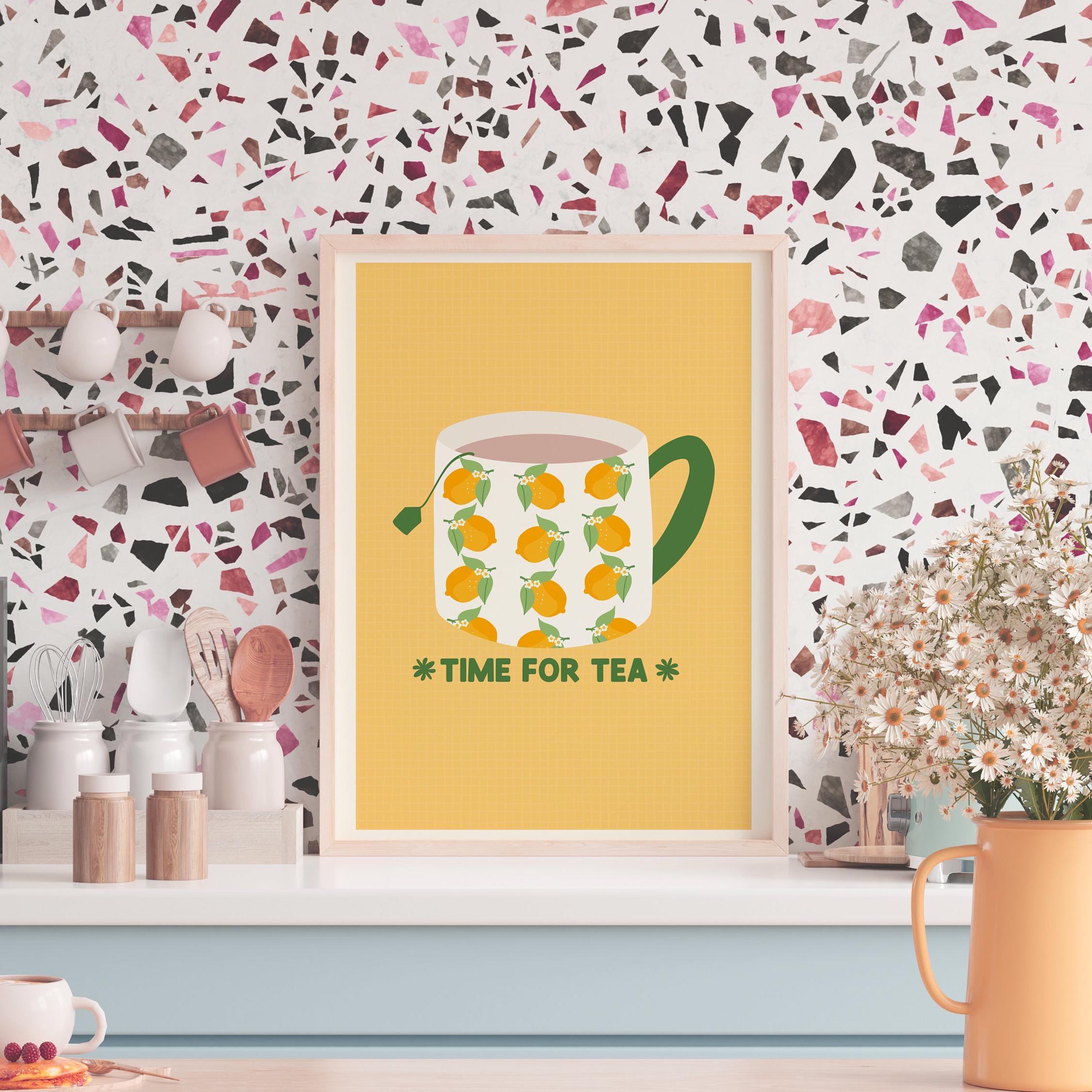 for the tea kitchen print | unique wall art from... Cup of Tea Print // Colourful Kitchen Prints, Lemon Wall Art, Kitchen ...
