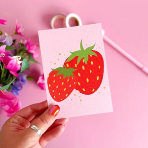 Strawberry Postcard, Fruit illustration art, Pink and red home decor, Cute postcard prints, Mini wall prints, Strawberry gifts for her