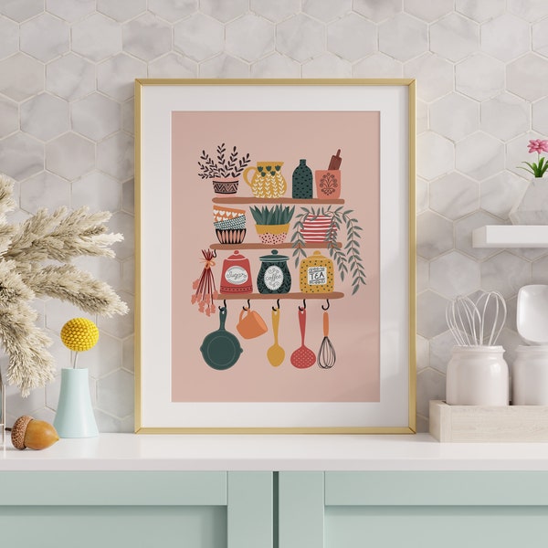 Boho Kitchen Print // Neutral kitchen decor, Kitchen illustration wall art, Boho home decor, Shelfie print // A2 A3 A4 A5 8x10 5x7 4x6
