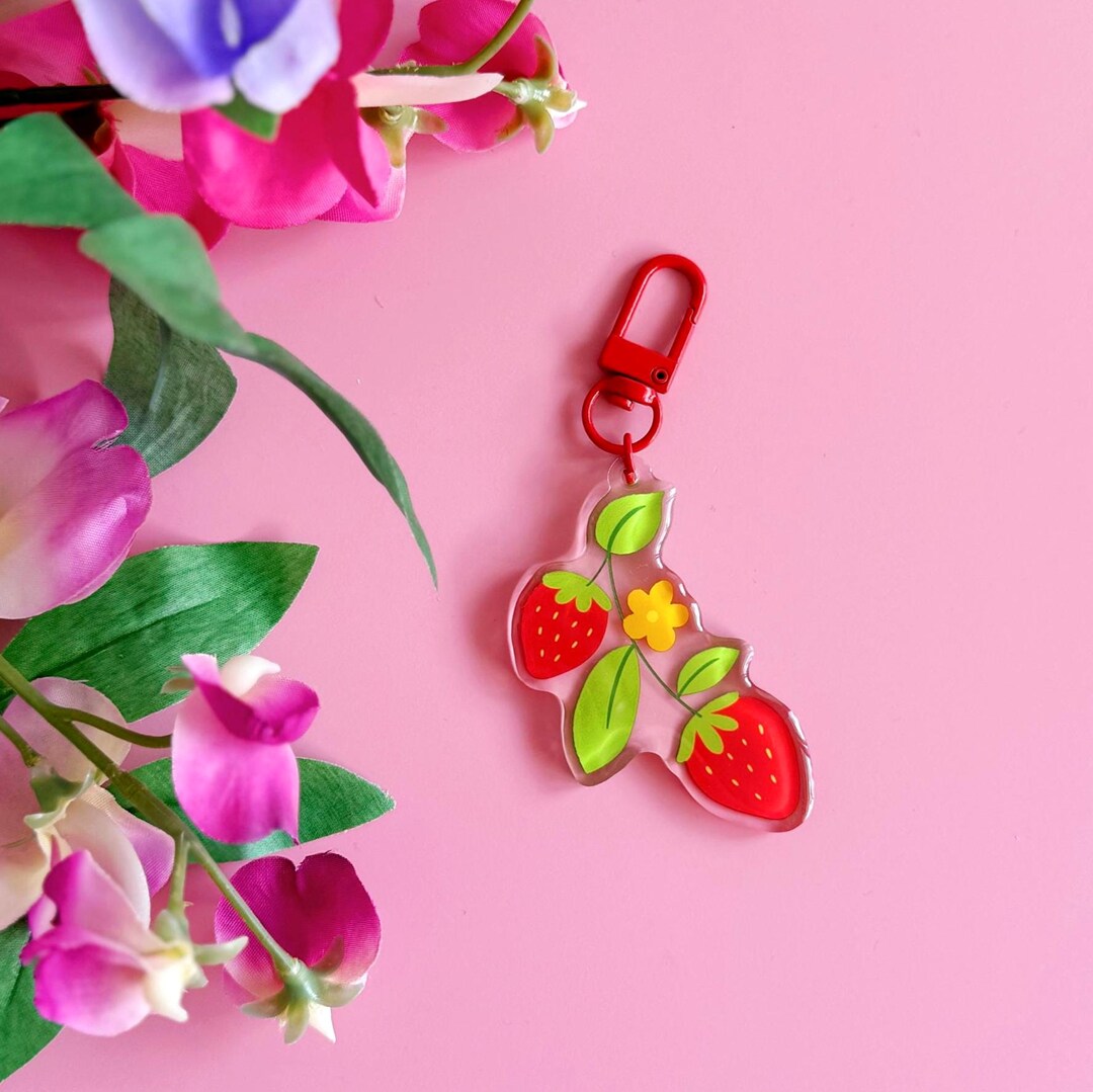 Strawberries Keyring, Double Sided Acrylic Keychain With Red Clasp ...