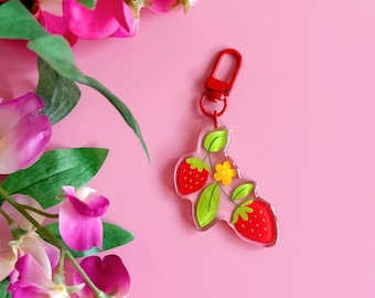 Strawberry Keyring | Acrylic keychain with red clasp | Strawberry themed trinkets | Strawberry bag charm