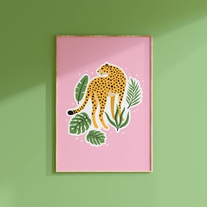 Leopard Wall Print // Pink Wall Art Animal Illustration Tropical Decor Colourful Prints For Nursery Wall Decor // A3 A4 A5 8x10 5x7 4x6