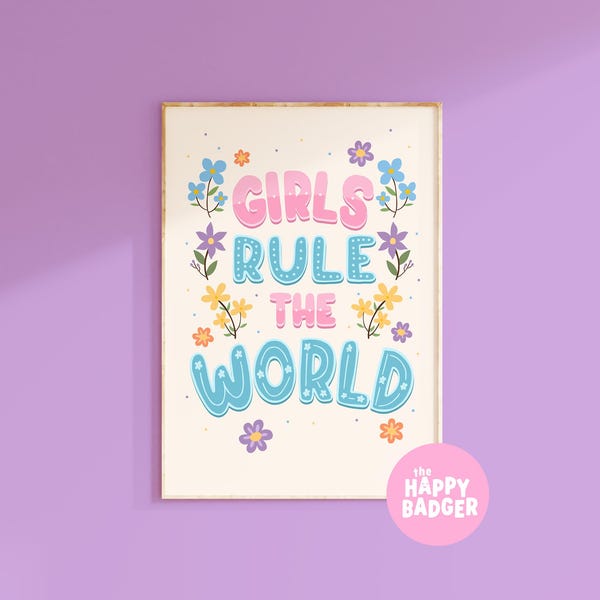 Print meisjes heersen over de wereld | Girl Power Quote muurkunst voor kinderkamers