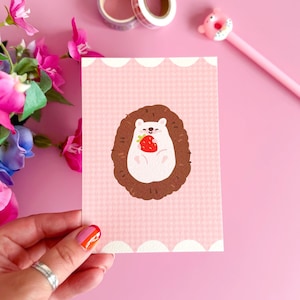 Hedgehog Illustration Postcard, Kawaii animal art, Pink decor for girls room, A6 mini print, Strawberry wall art, Luxury textured postcard