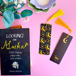 Celestial Print Bookmark, Moon and stars bookmark, Black bookmark with tassel, Gift for book lover, Book worm gift, Bookish gifts for her