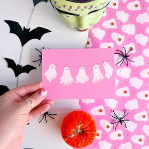 Ghosts Postcard | Spooky Halloween postcard, Pink Halloween decoration, Spooky season mini prints, Kawaii ghost print | Textured A6 Postcard