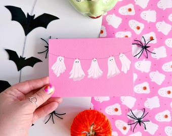 Cartão-postal de fantasmas | Cartão-postal assustador de Halloween, decoração rosa de Halloween, miniaturas para a temporada assustadora, estampa de fantasmas kawaii | Cartão-postal texturizado A6