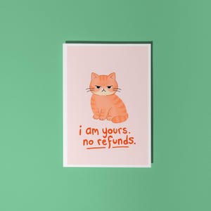 May include: A print featuring an orange tabby cat with a grumpy expression on a pink background. The text "i am yours. no refunds." is written in red below the cat. The print is on a white framed paper.