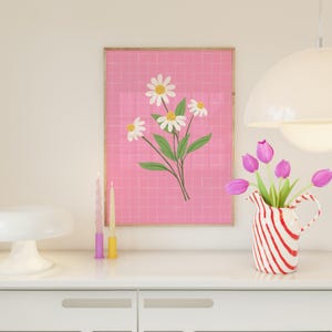 Pink Daisies Print, Bright floral home decor, Dopamine prints for bedrooms, Cute flower illustration wall art | A3 A4 A5 8x10 5x7 4x6 image 3