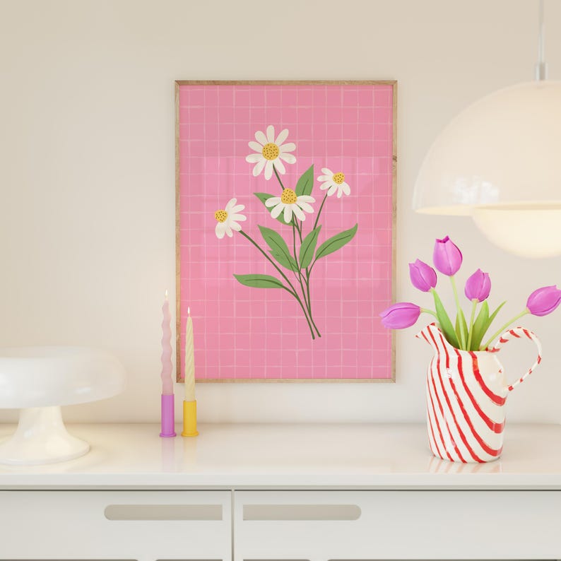 Pink Daisies Print, Bright floral home decor, Dopamine prints for bedrooms, Cute flower illustration wall art | A3 A4 A5 8x10 5x7 4x6 image 3