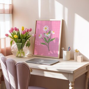 Pink Daisies Print, Bright floral home decor, Dopamine prints for bedrooms, Cute flower illustration wall art | A3 A4 A5 8x10 5x7 4x6 image 2
