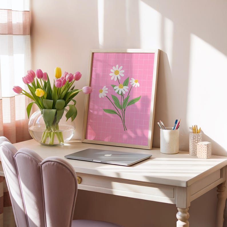 Pink Daisies Print, Bright floral home decor, Dopamine prints for bedrooms, Cute flower illustration wall art | A3 A4 A5 8x10 5x7 4x6 image 2
