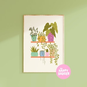 Planten op een plank print // kamerplant kunst aan de muur, plantenliefhebber cadeau, retro wanddecoratie, badkamer prints, kleurrijk // A2 A3 A4 A5 8 x 10 5 x 7 4 x 6