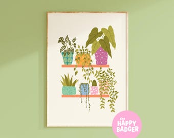 Planten op een plank print // kamerplant kunst aan de muur, plantenliefhebber cadeau, retro wanddecoratie, badkamer prints, kleurrijk // A2 A3 A4 A5 8 x 10 5 x 7 4 x 6