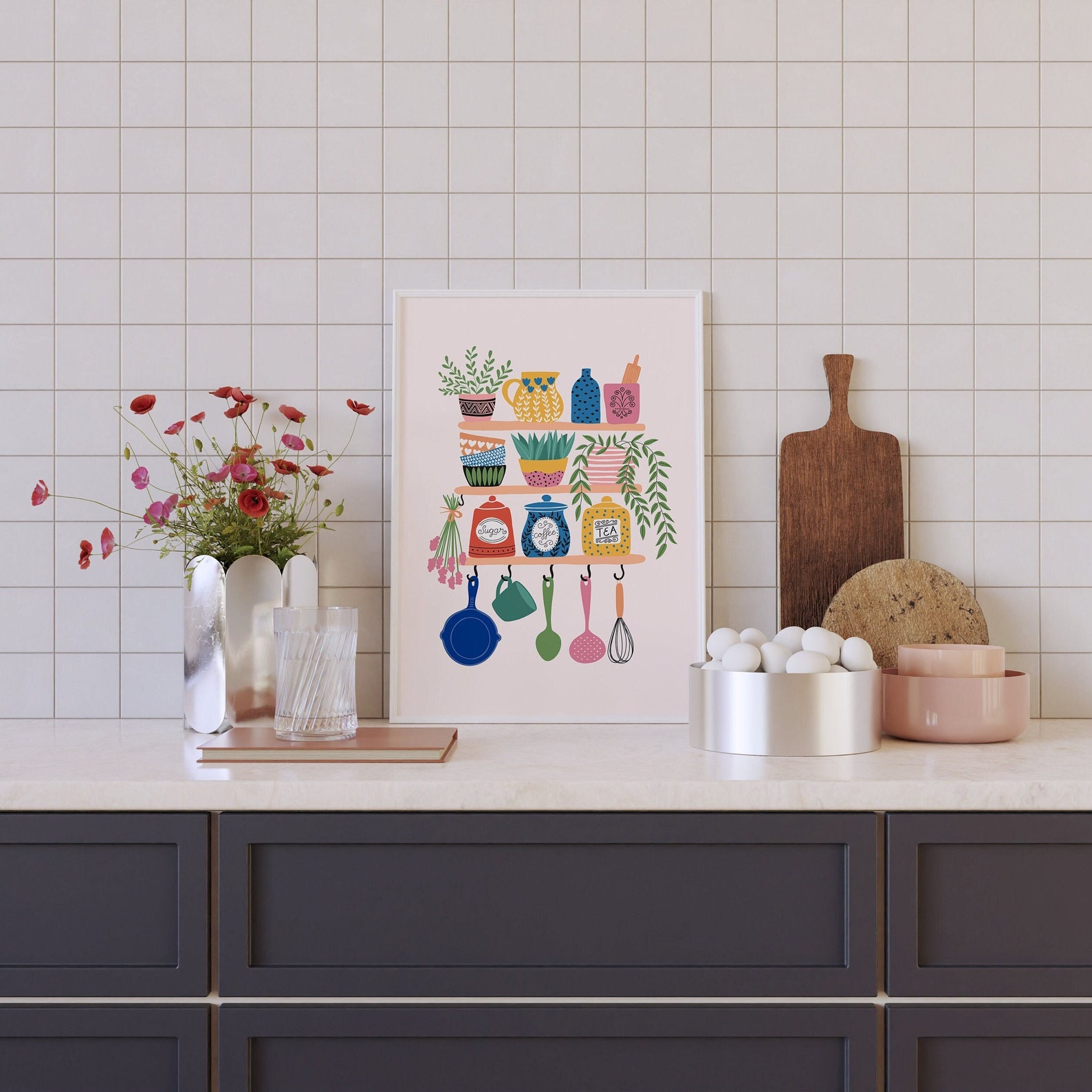 kitchen decor | kitchen prints | kitchen wall art |... Colourful Kitchen Print // Kitchen Wall Decor, Kitchen Illustration ...