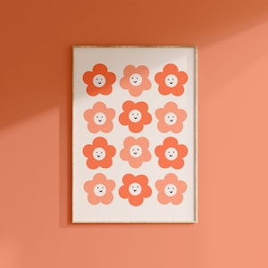 Retro Flower Print // Happy Flower Pattern Orange Smiling Flowers Y2K 90s Cute Botanical Bedroom Aesthetic // A2 A3 A4 A5 8x10 5x7 4x6