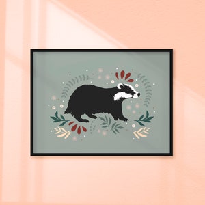 Badger Print // Badger Illustration Print Autumn Wall Art Cottagecore Decor Animal Art Prints For Living Room Nursery // A3 A4 8x10 5x7 4x6