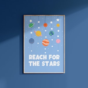 Impresión "Alcanza las estrellas" // Láminas infantiles para habitación infantil, Arte mural para habitación infantil, Decoración de dormitorio con temática espacial, Aventura // A2 A3 A4 A5 5x7 4x6