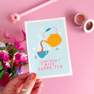 Carte postale de tasse de thé, citation d'art mignonne, mini impression murale, impressions de cartes postales pour mur, cadeaux de cuisine pour elle, cadeau pour amateur de thé, impression de citation de cuisine