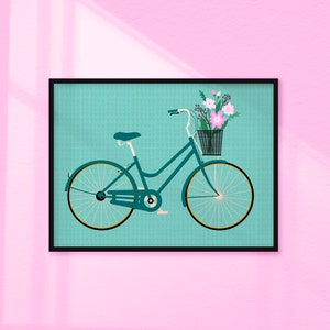 Bicycle Art Print // Bike Basket Bouquet Flowers Cute Living Room Kitchen Wall Art Cottagecore Decor Colourful Teal // A2 A3 A4 8x10 5x7 4x6