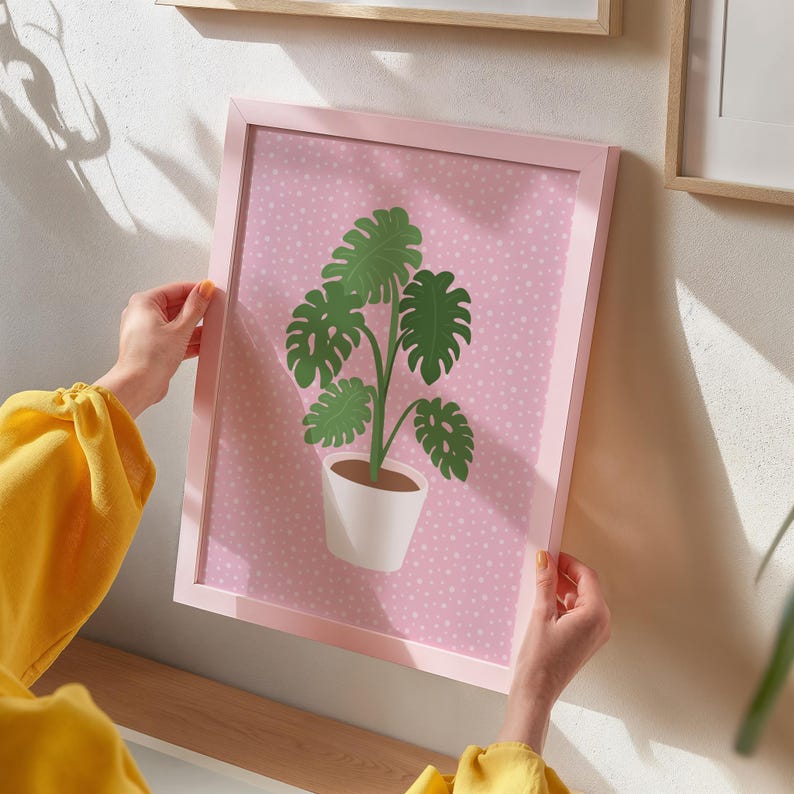 Monstera Print, House plant poster, Colourful bathroom decor, Prints for bedroom, Pink wall art, Gift for plant Mum | A3 A4 A5 8x10 5x7 4x6 image 3
