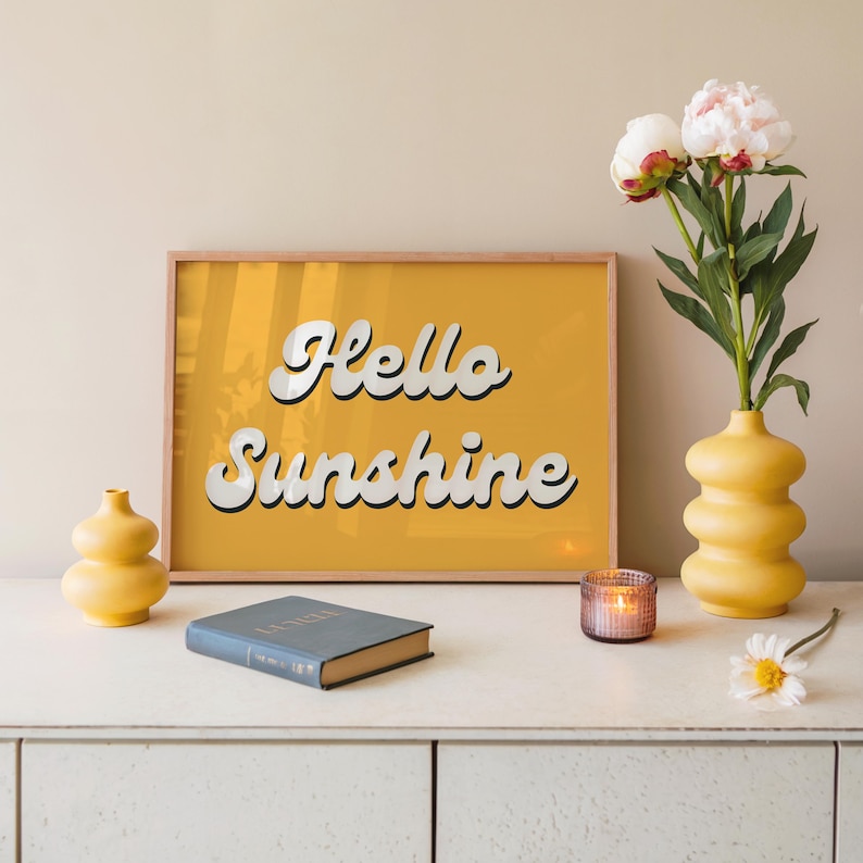 Hello Sunshine Print | Bright Yellow Positive Quote Art | Good Morning Wall Art image 1