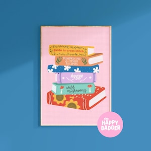 Stack of Books Print | Book nook wall decor, Colourful reading illustration, Gift for book lovers, Reading gifts for her, Bedroom prints