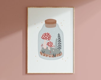 Mushroom Print // Cottagecore Decor Cute Mushroom Illustration Succulents Botanical Wall Prints Terrarium Art // A2 A3 A4 A5 8x10 5x7 4x6