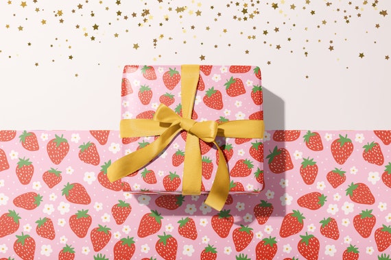 Strawberry Gift Wrap | Pink Wrapping Paper Fruit Cute Gift Wrap For Birthday Present Kids Teenager Daughter Girl Wife | 50x70cm or A2 Sheets