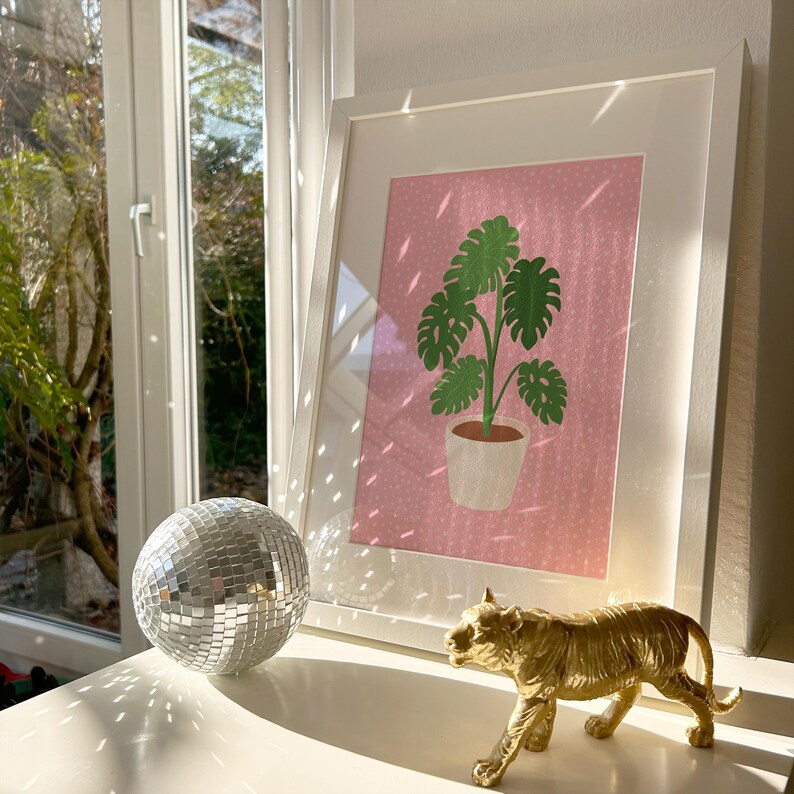 Monstera Print, House plant poster, Colourful bathroom decor, Prints for bedroom, Pink wall art, Gift for plant Mum | A3 A4 A5 8x10 5x7 4x6 image 2