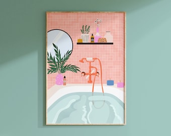 Bathroom Print / Relaxing Decor Botanical Wall Art House Plants Art Print Boho Eclectic Decor Pink Gallery Wall Decor / A3 A4 A5 5x7 4x6