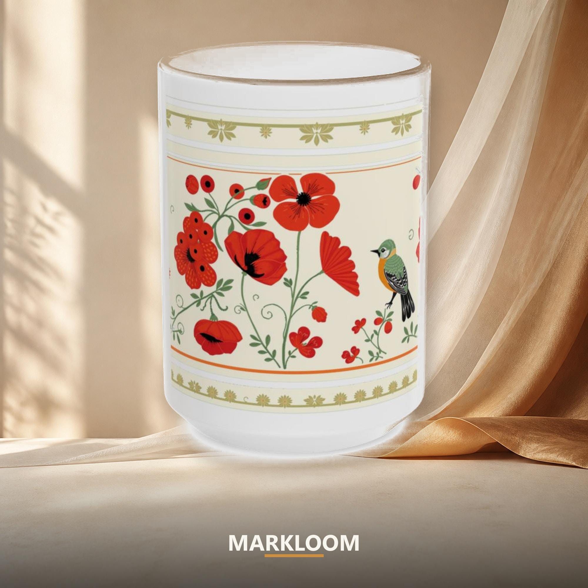 Ukrainian Petrykivka Mug, Kalyna Berry & Poppies, Cuckoo Folk Art Ceramic Cup (11oz or 15oz)