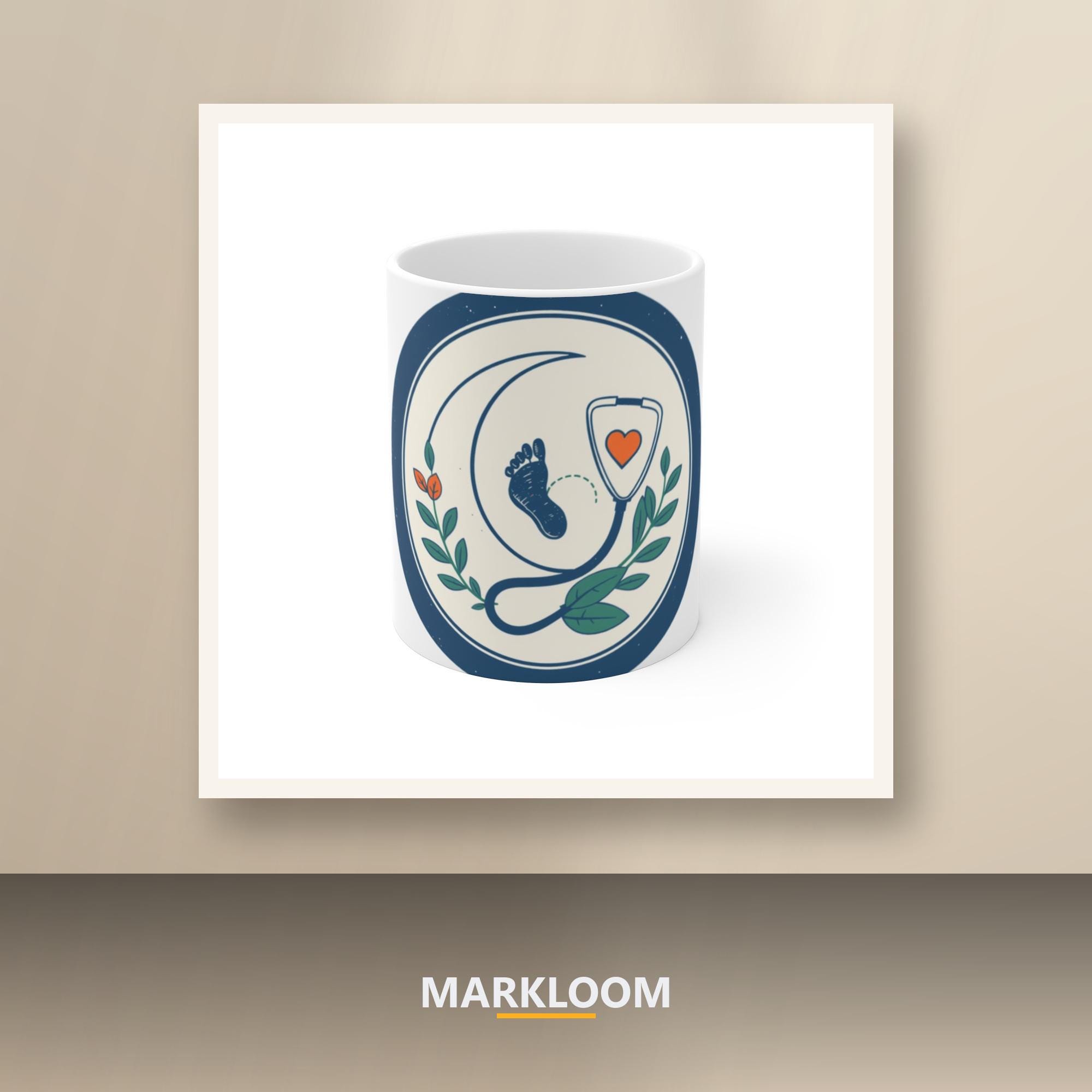 NICU Night Shift Nurse Mug, Crescent Moon, Baby Footprint, Stethoscope Heart (Ceramic)