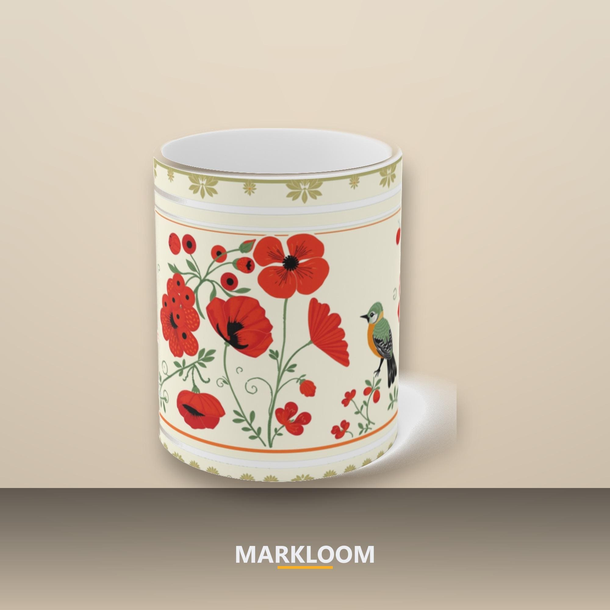 Ukrainian Petrykivka Mug, Folk Art Kalyna Berry Poppy Flower Ceramic Cup