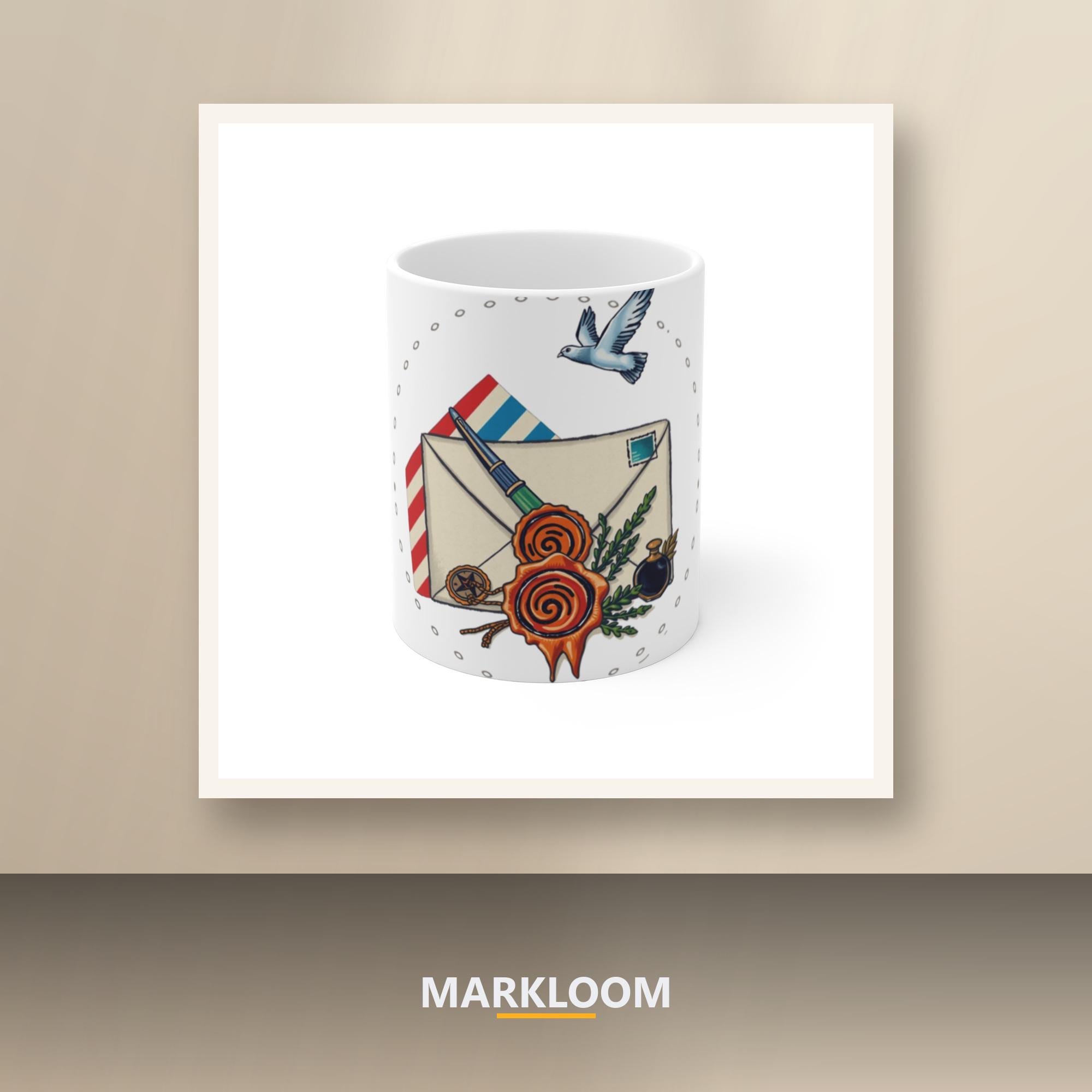 The Slow Post Society - Snail Mail Pen Pal 11oz Mug, Illustrated Wax Seal, Fountain Pen and Airmail Envelope Crest Coffee Cup, Letter Writ