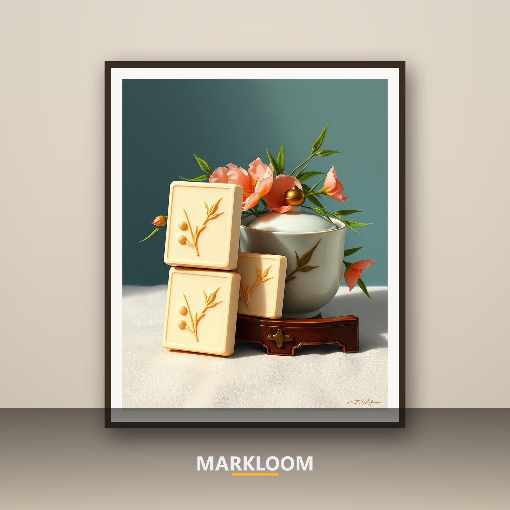 Tiles and Peonies - Mahjong Game Room Wall Art, Illustrated Tile Stack and Bamboo Still-Life Print, Mah Jongg Club Player Gift Decor in