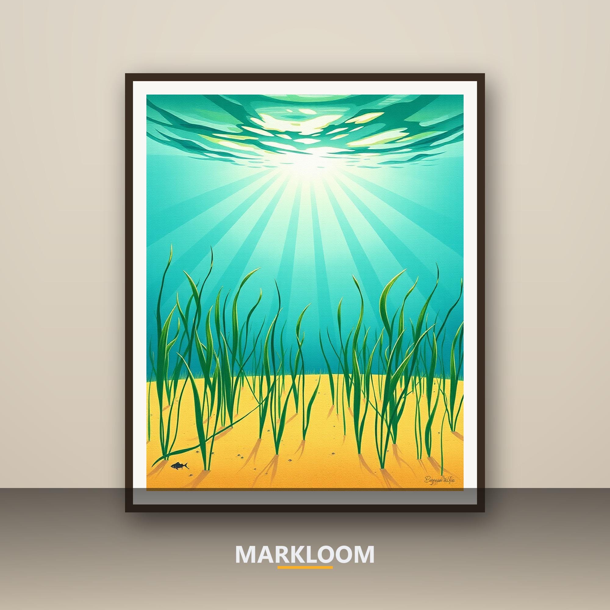 Sunlit Seagrass Meadow Print, Hopeful Ocean Carbon Sink Wall Art (Jade and Patina Blue)