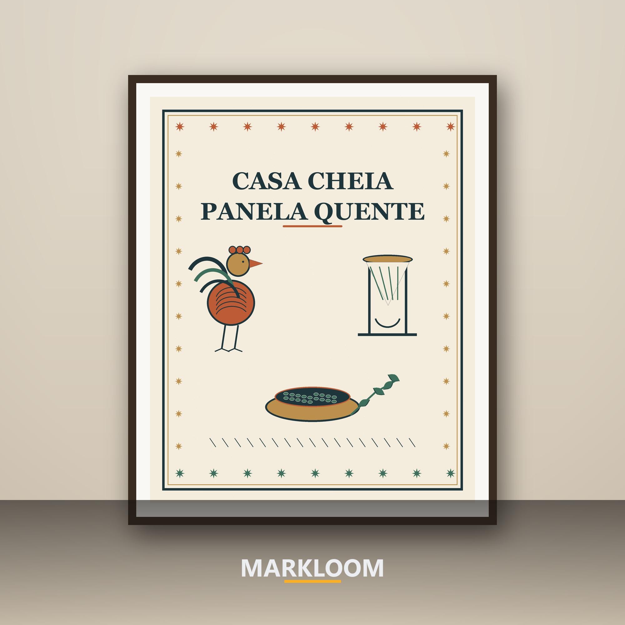 Casa Cheia, Panela Quente - Brazilian Portuguese Kitchen Saying Wall Art, Cordel Woodcut Folk Print with Rooster and Coffee Pot, Brasileir