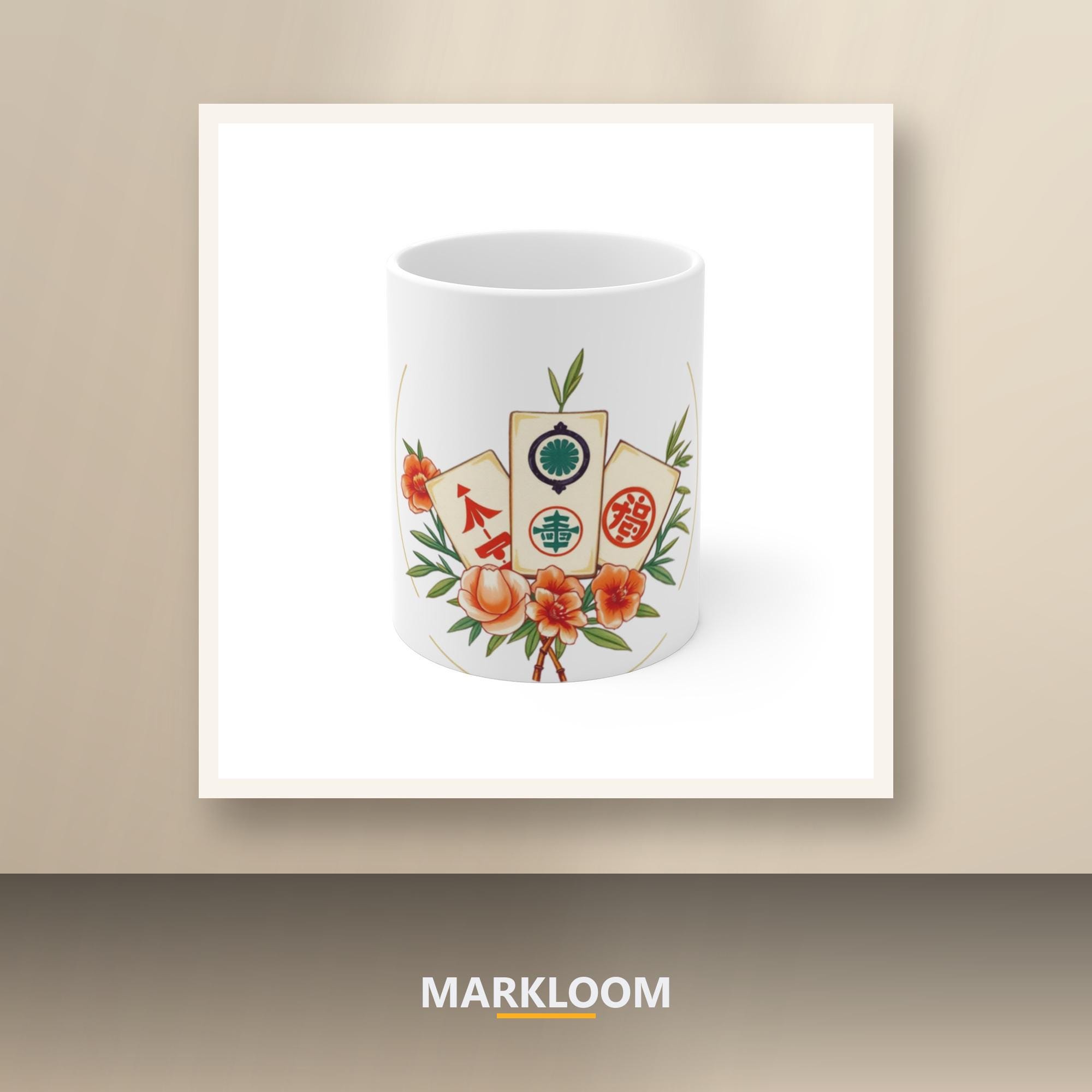 Bamboo Suit Mahjong Club 11oz Mug, Illustrated Mahjong Tile and Peony Crest Coffee Cup, Mahjong Night Player and Tile Club Host Gift in