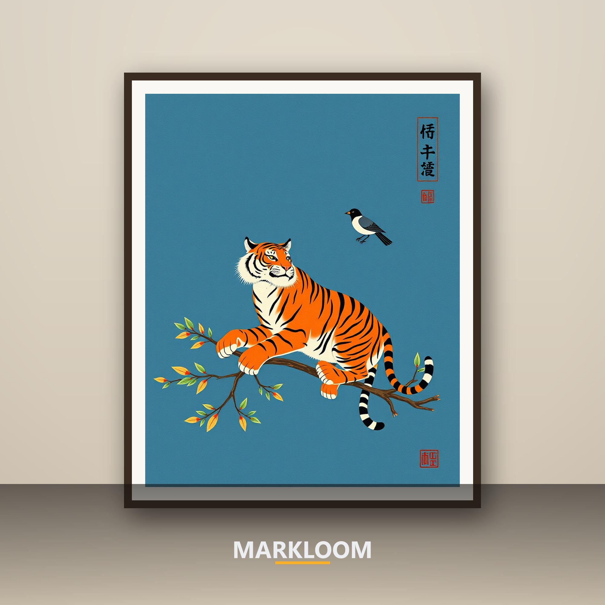 Minhwa Tiger and Magpie Folk Art Print, Korean Heritage Wall Decor, Patina Blue and Persimmon Joseon-Inspired Art