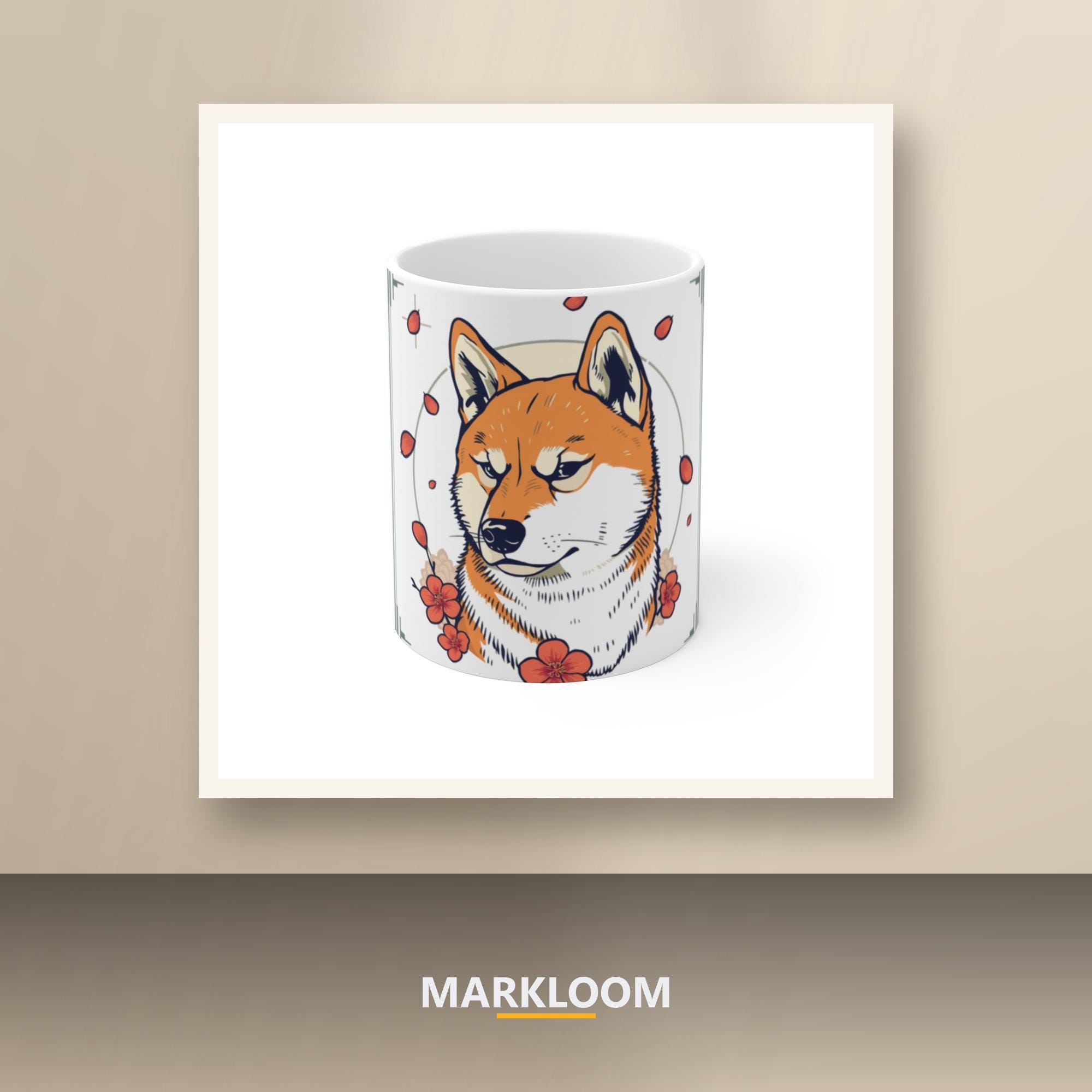Shiba Inu Ceramic Mug, Painterly Portrait, Japanese Floral Art