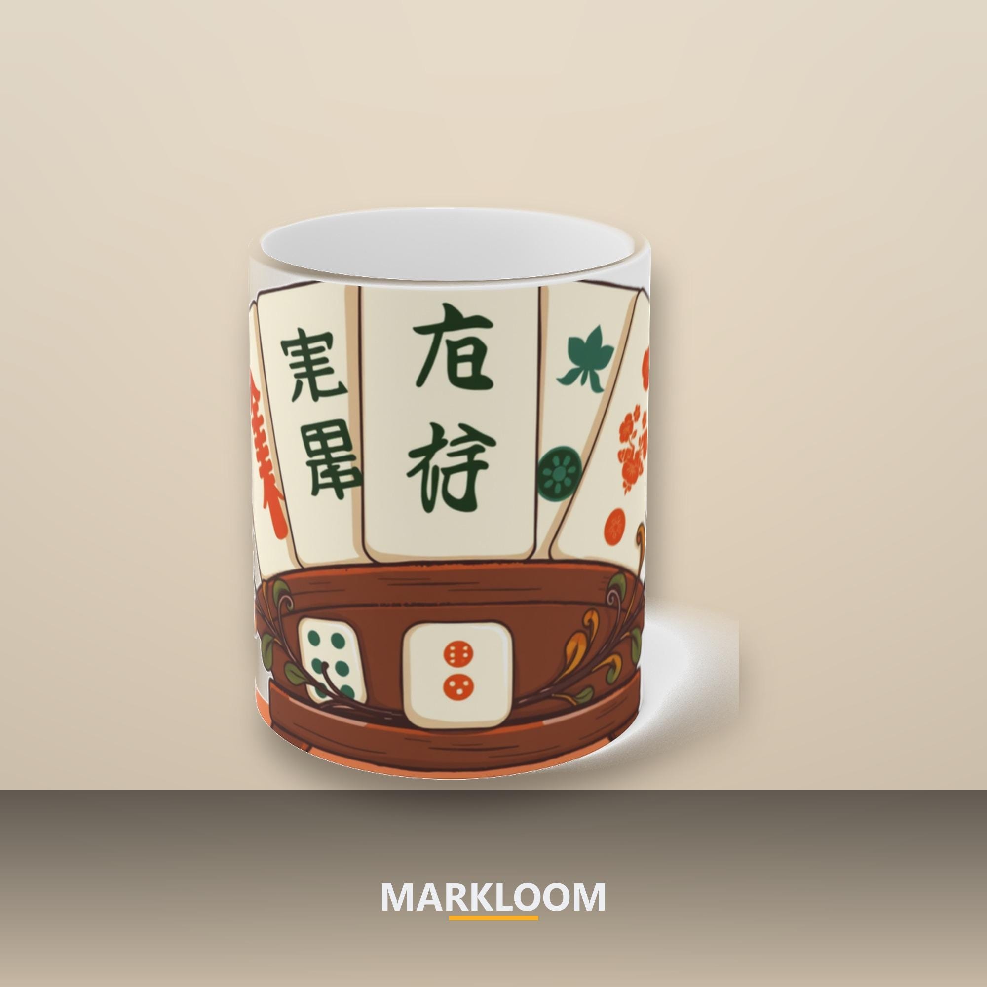 Mahjong Tile Crest Mug, Painterly Mahjong Game Ceramic Cup