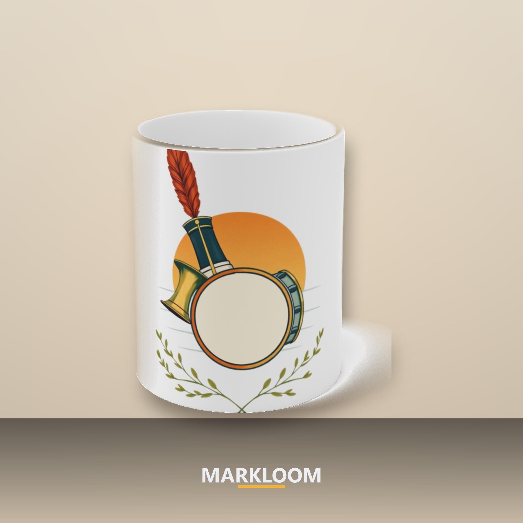 Marching Band Crest Mug, Drum Major, Conductor Baton, Sousaphone, Sunrise Design