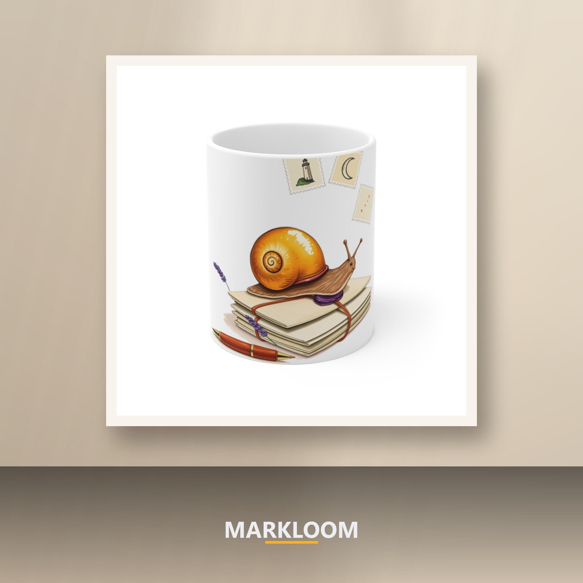 Snail Mail Society - Illustrated Pen Pal 11oz Mug, Painterly Snail, Wax Seal and Vintage-Stamp Letter Writing Gift, Stationery Lover and