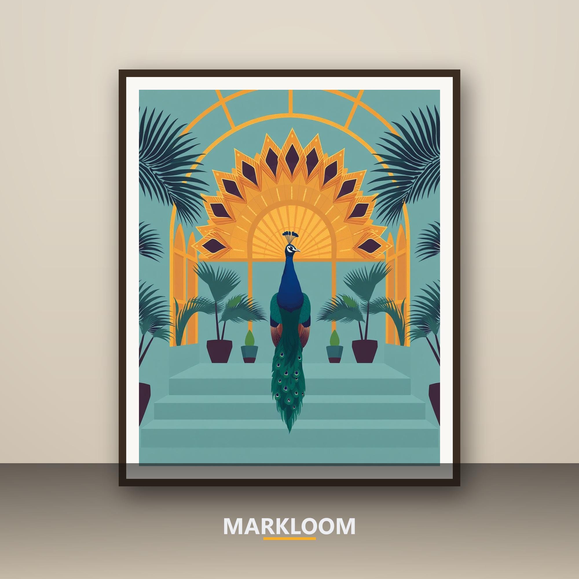 Neo-Deco Peacock Atrium Wall Art, Art-Deco Revival Print, Geometric Fan-Palm and Peacock Poster, Maximalist Glamour Decor in Patina Blue